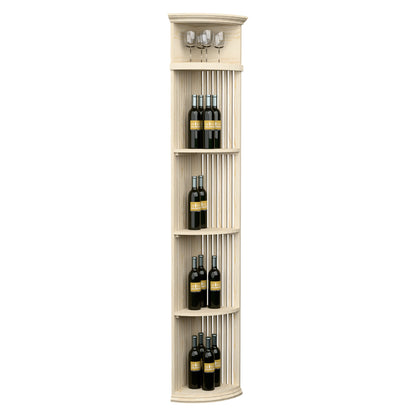 Tall quarter-round wine display shelf with lattice sides and round base, pale wood finish