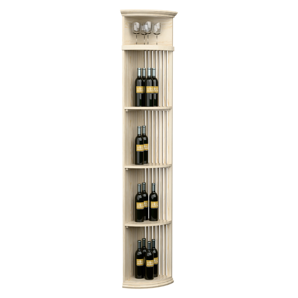 Tall quarter-round wine display shelf with lattice sides and round base, creamy light finish