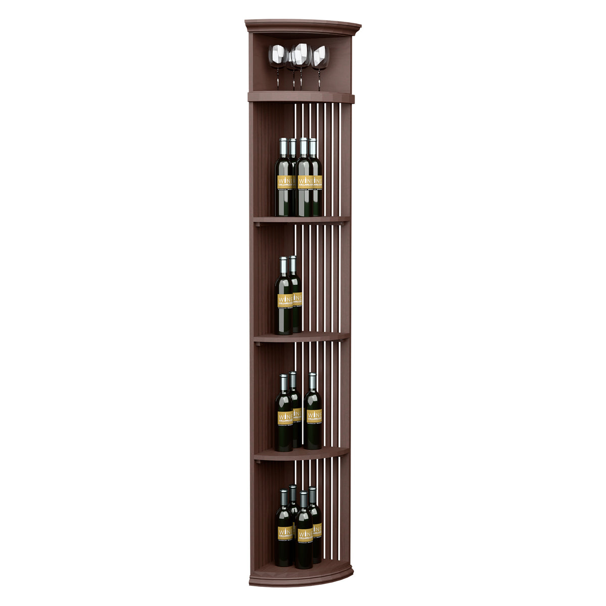 Tall quarter-round wine display shelf with lattice sides and round base, dark brown finish