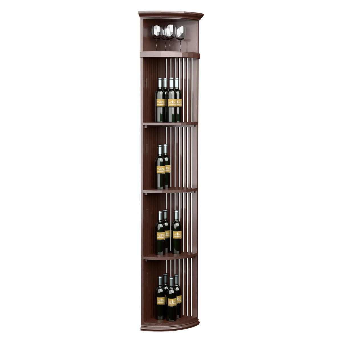 Tall quarter-round wine display shelf with lattice sides and round base, deep brown finish