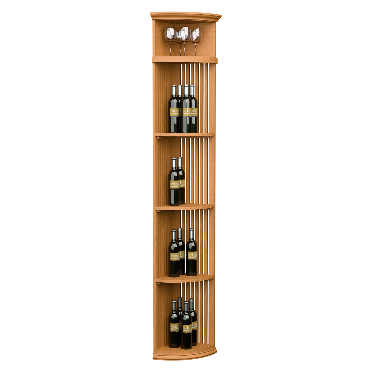 Tall quarter-round wine display shelf with lattice sides and round base, warm wood finish