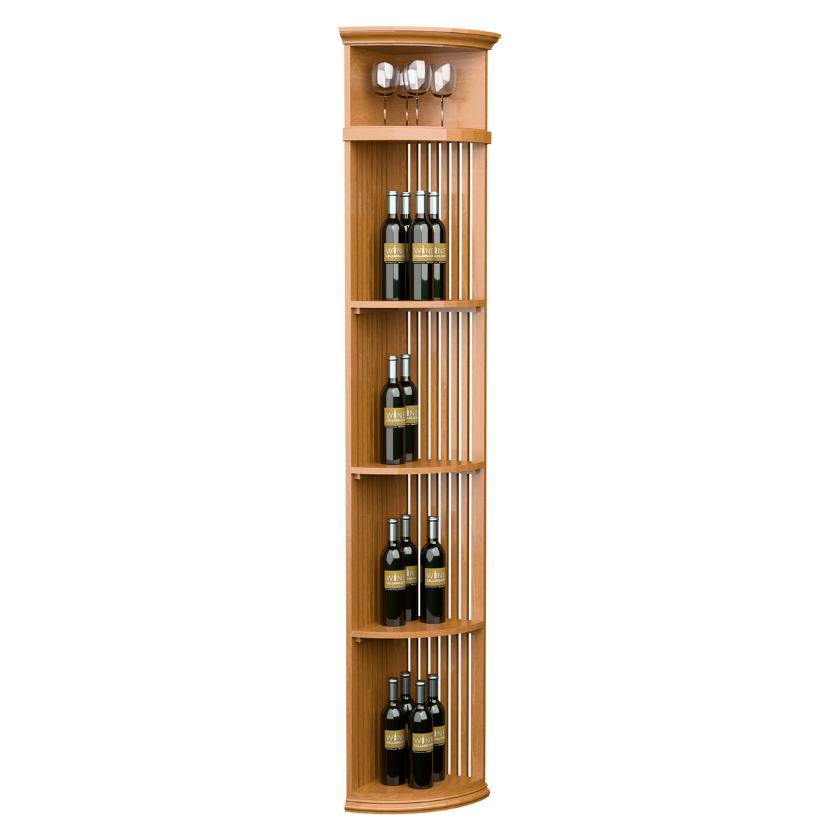 Tall quarter-round wine display shelf with lattice sides and round base, light honey wood