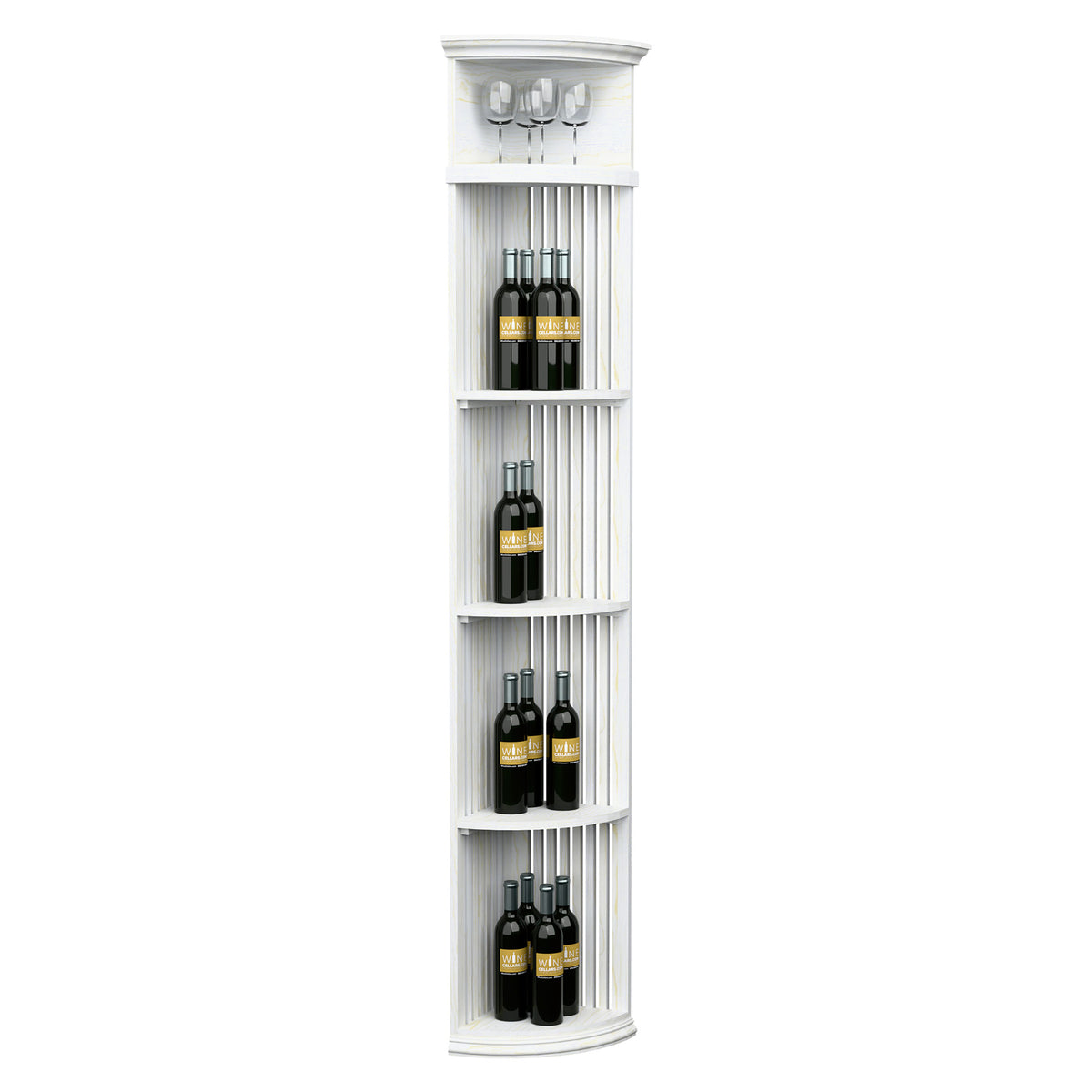 Tall quarter-round wine display shelf with lattice sides and round base, white finish