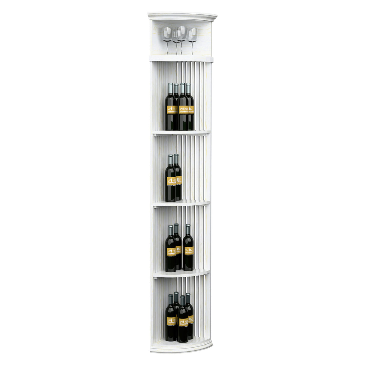 Tall quarter-round wine display shelf with lattice sides and round base, bright white finish
