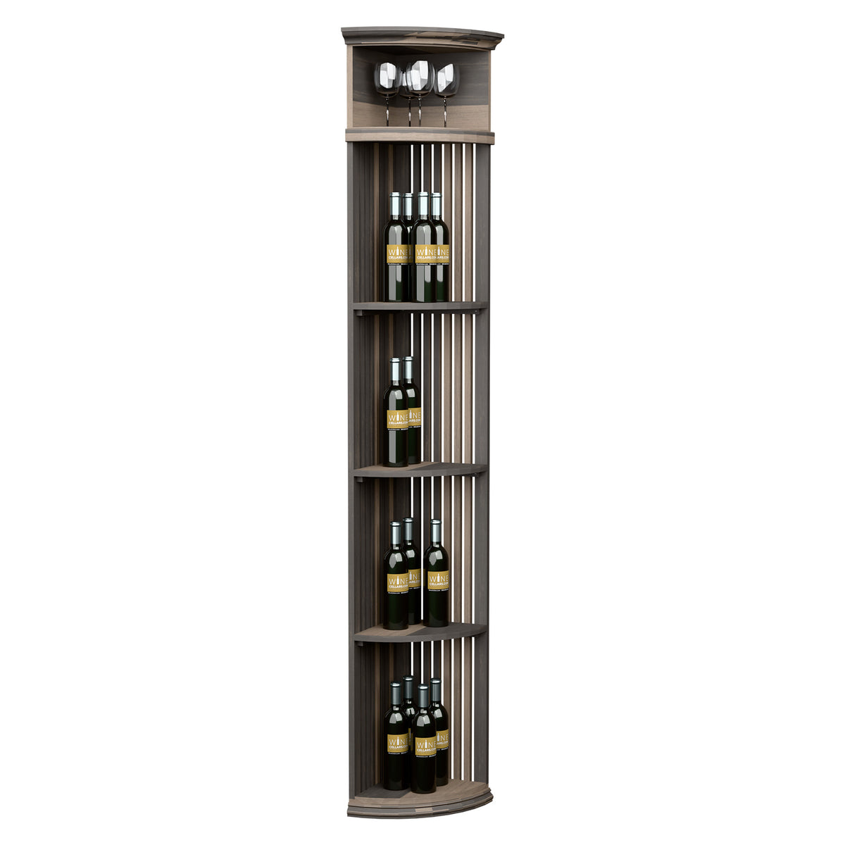 Dark wood quarter-round wine shelf with lattice back, round base, holds bottles and glasses