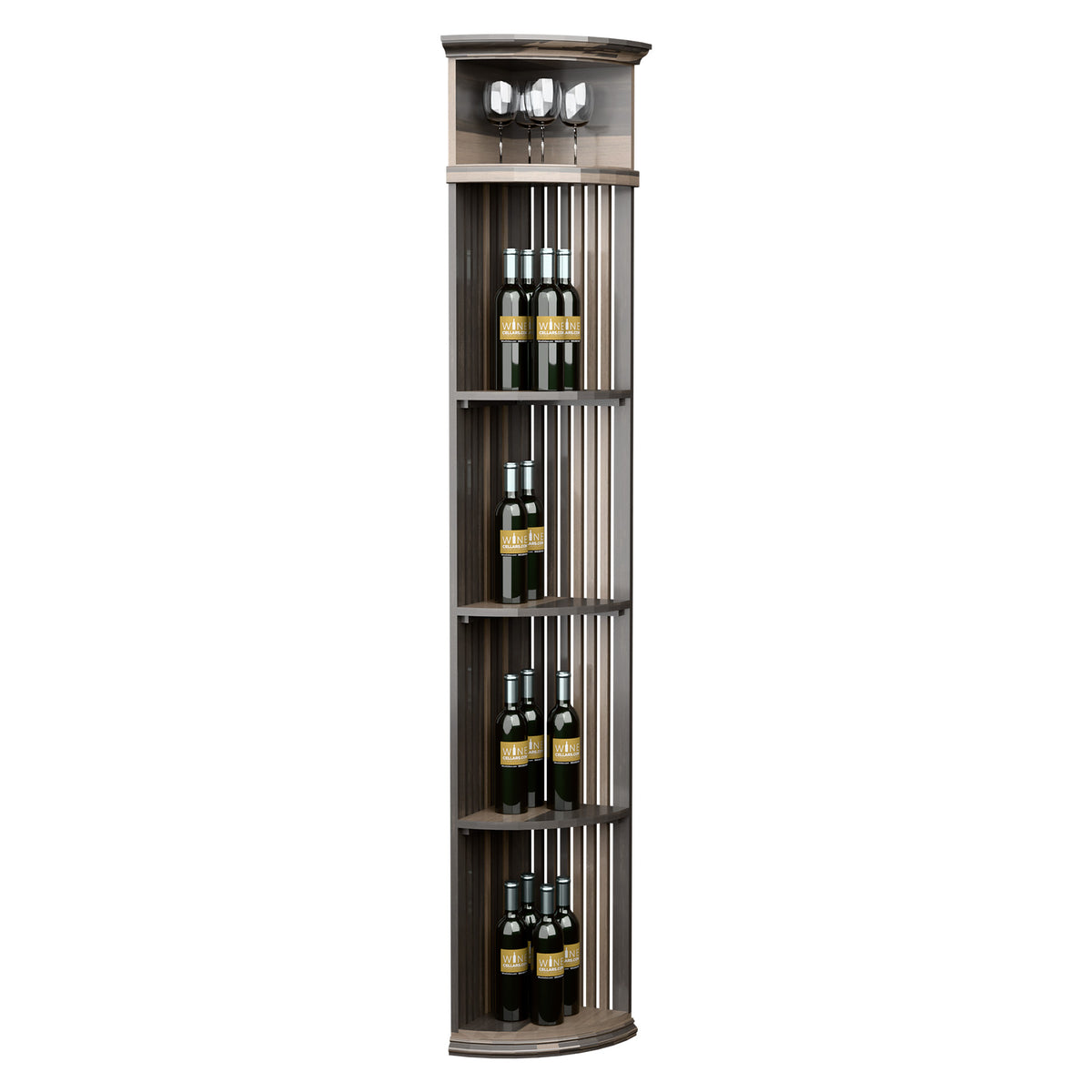 Gray wood quarter-round wine shelf with lattice back, round base, holds bottles and glasses