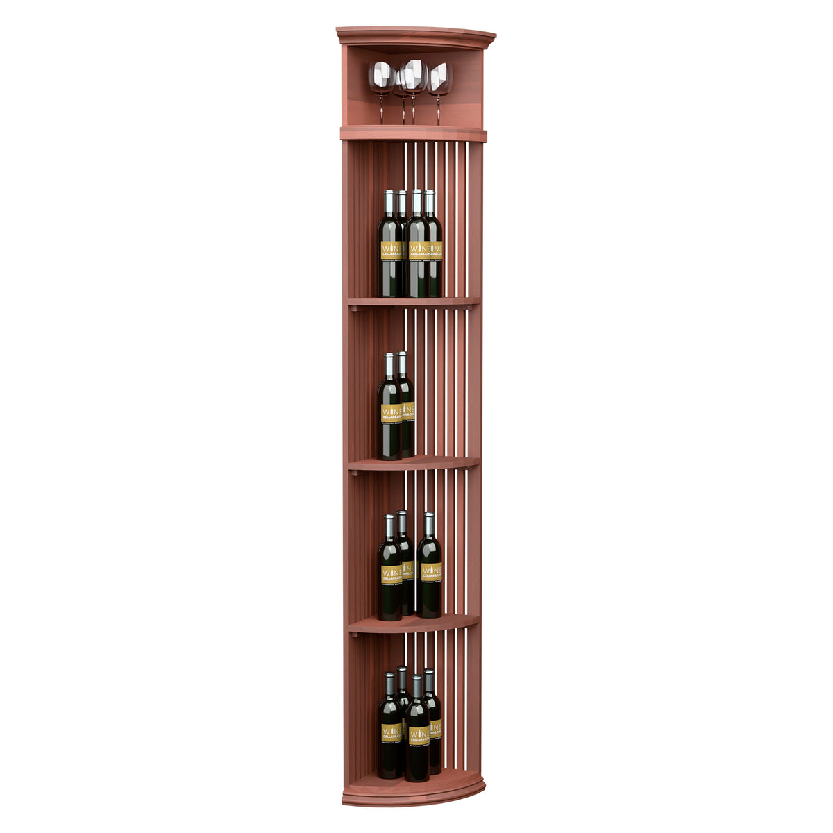 Red wood quarter-round wine shelf with lattice back, round base, holds bottles and glasses