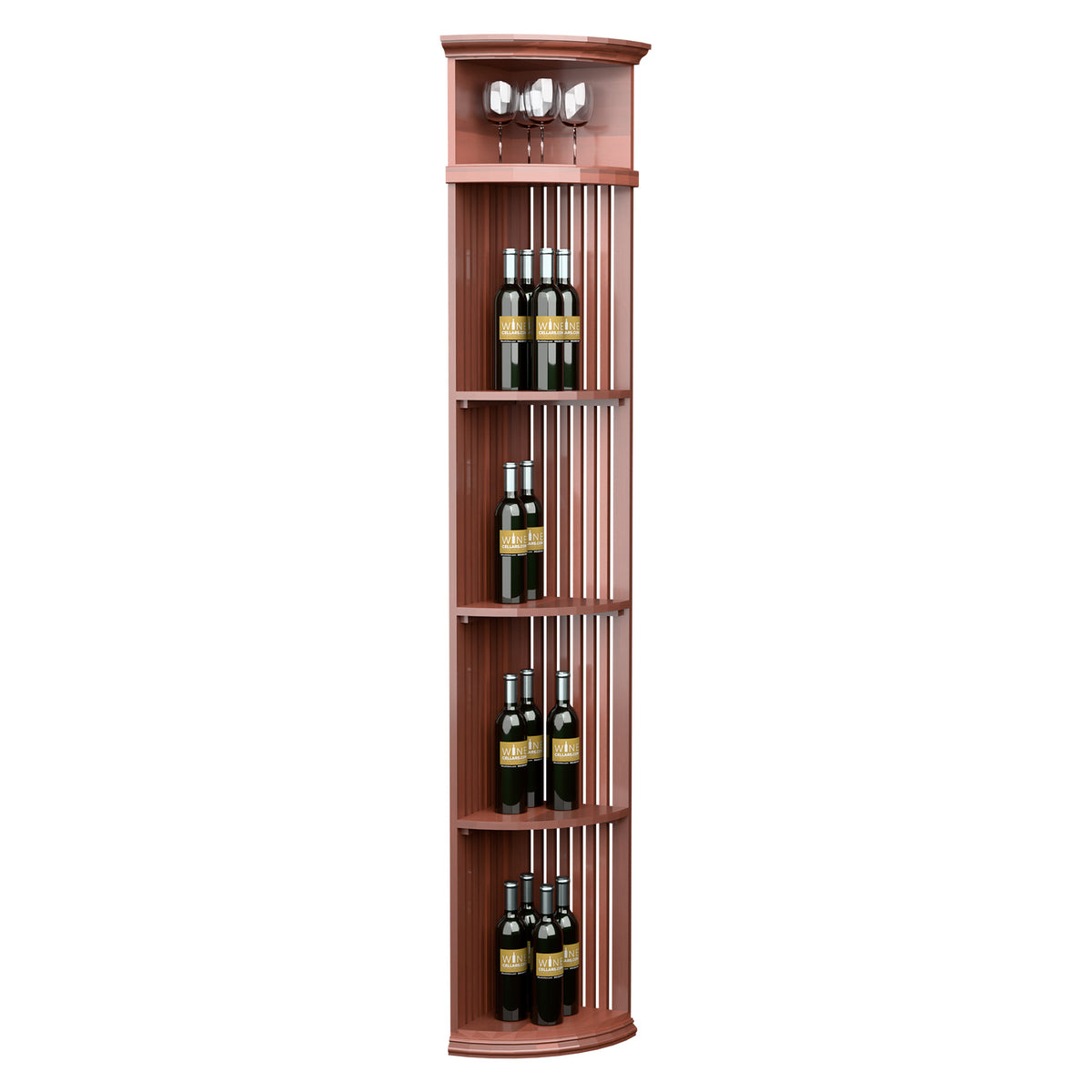 Reddish-brown quarter-round wine shelf with lattice back and round base, holds bottles