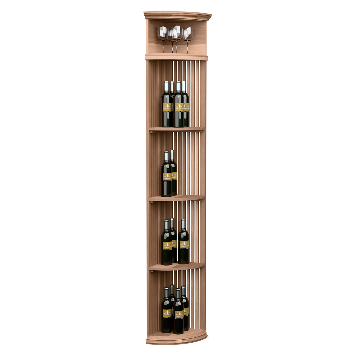 Light wood quarter-round wine shelf with lattice back, round base, holds bottles and glasses