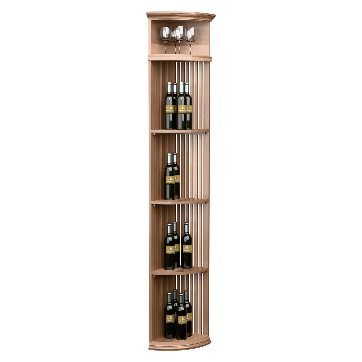Natural wood quarter-round wine shelf with lattice back and round base, holds bottles and glasses