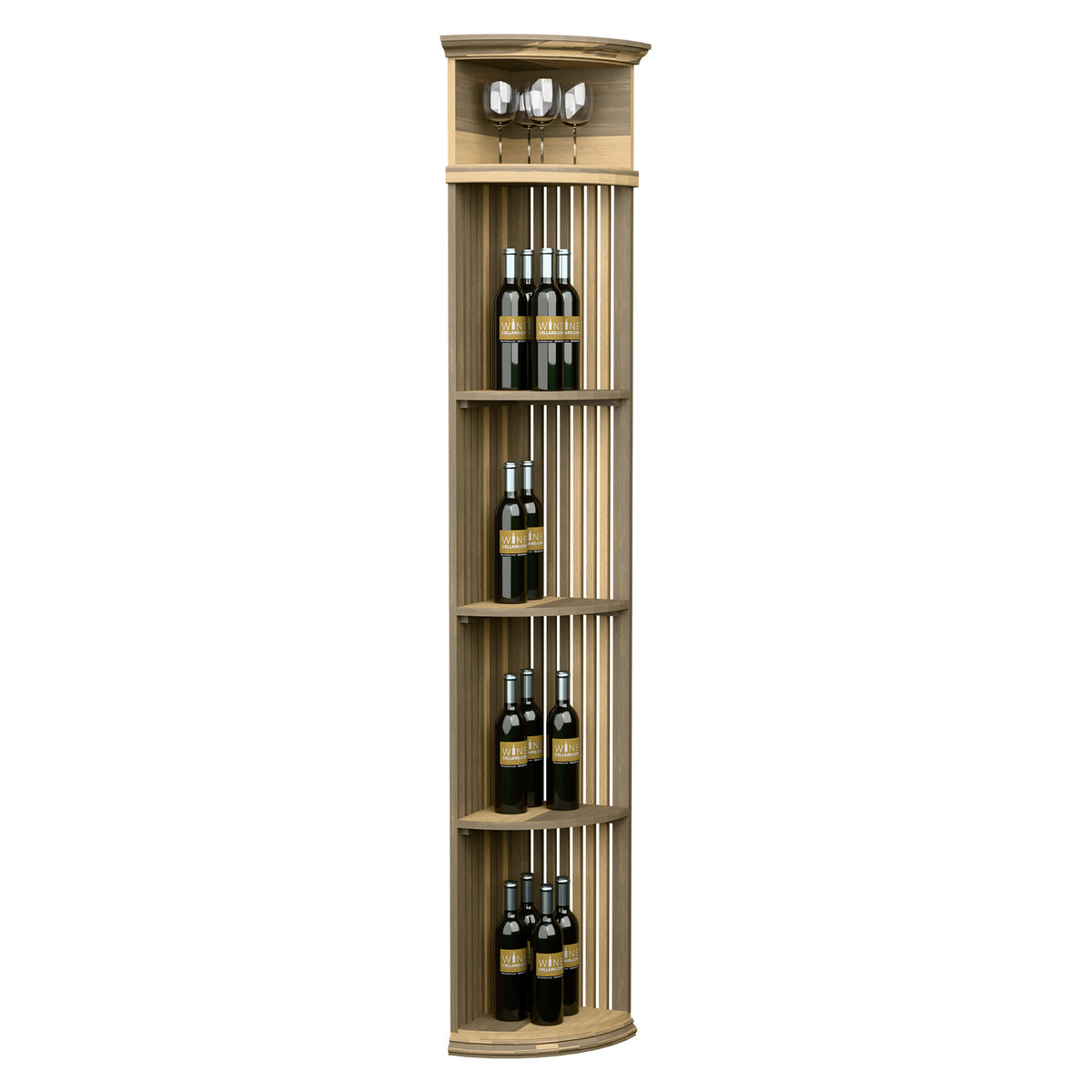 Light wood quarter-round wine shelf with vertical lattice panels, round base, holds bottles