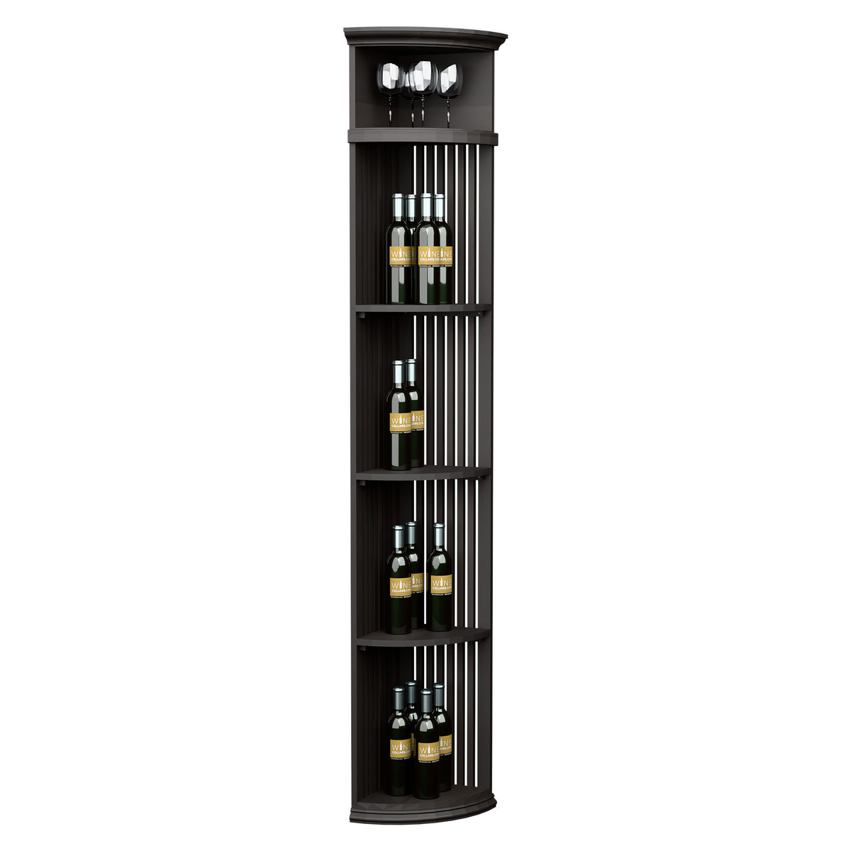 Black wood quarter-round wine shelf with lattice back and round base, holds bottles and glasses