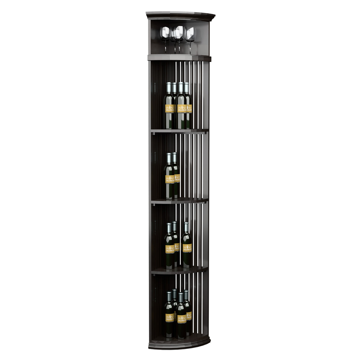 Dark gray wood quarter-round wine shelf with lattice back and round base, holds bottles