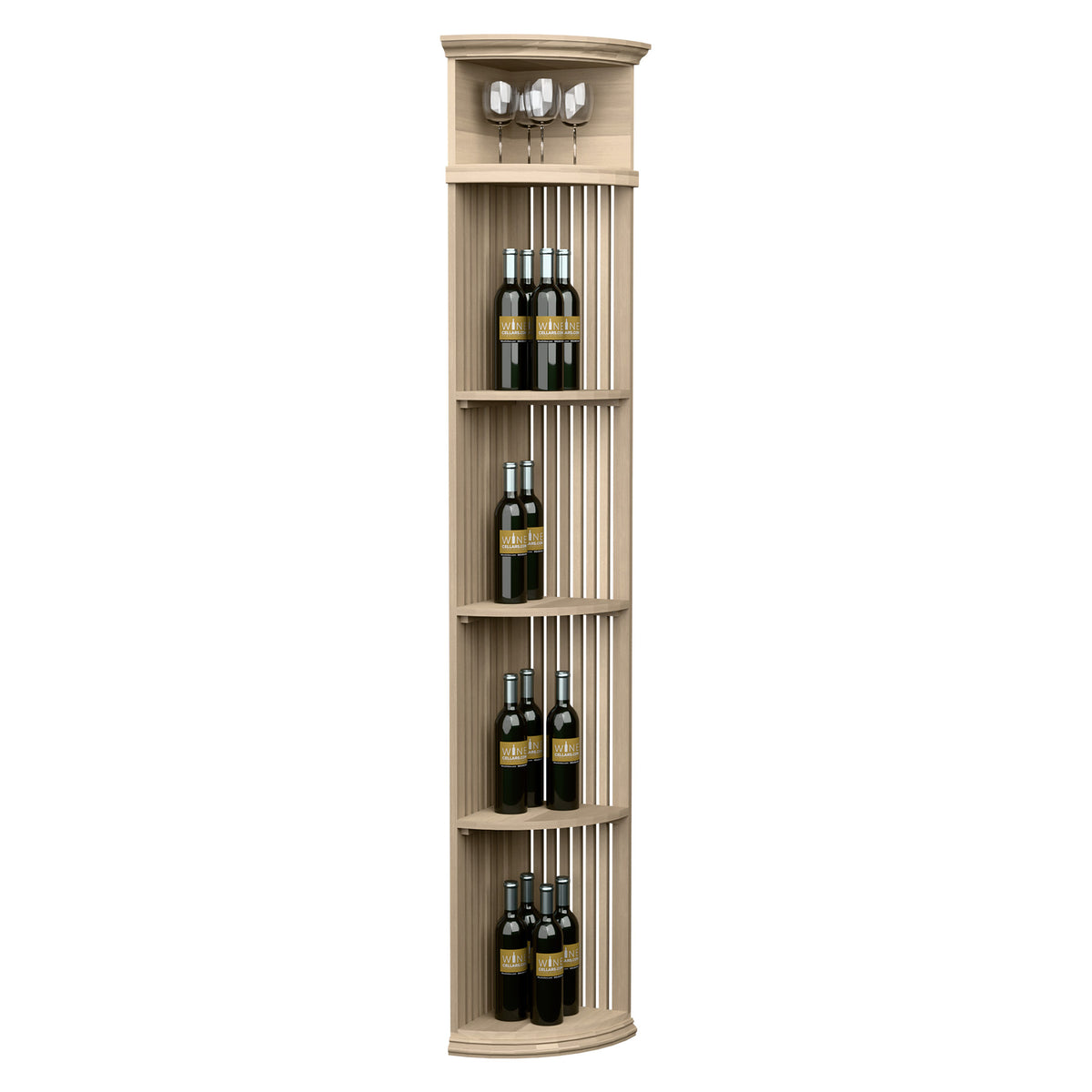Quarter-round wine bottle display shelf with lattice slats and round base in light wood