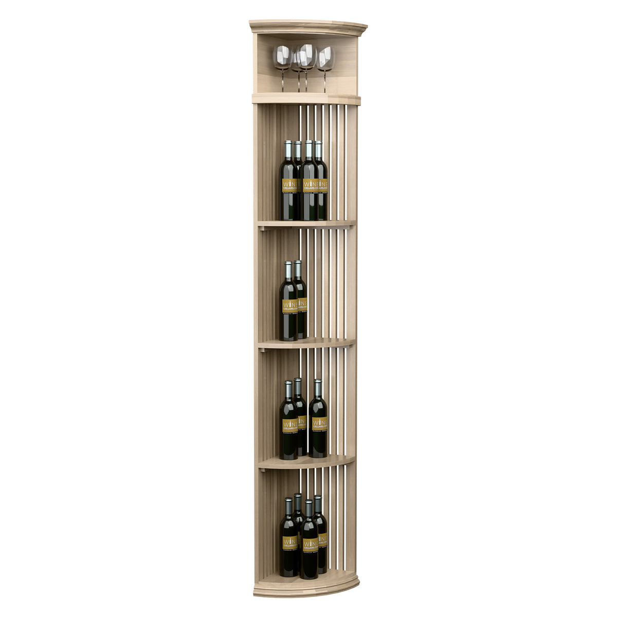 Quarter-round wine bottle shelf with lattice dividers and round base in light wood finish