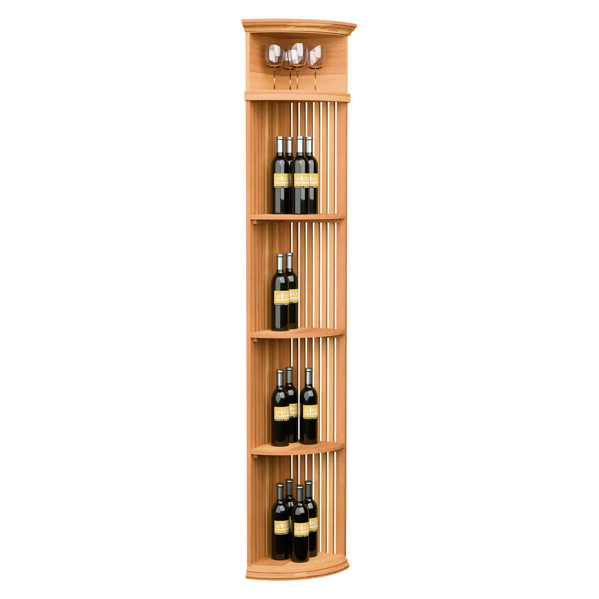 Quarter-round wine bottle display shelf with lattice slats and round base in warm wood