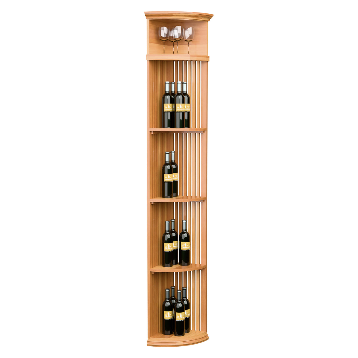 Quarter-round wine bottle shelf with lattice dividers and round base in warm wood finish