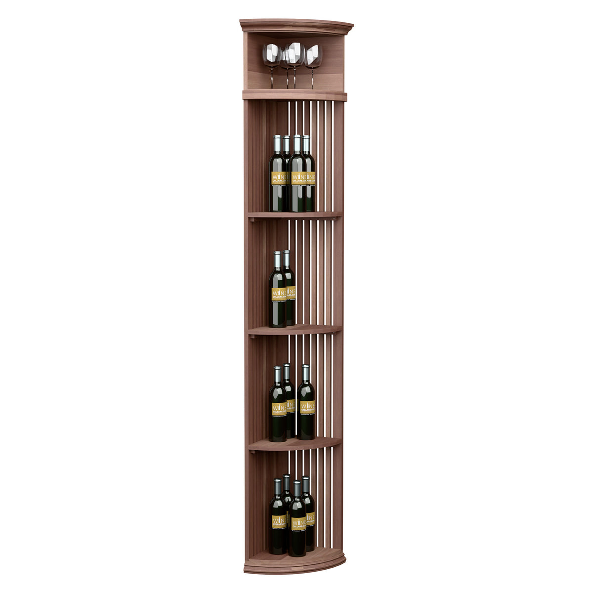 Quarter-round wine bottle display shelf with lattice slats and round base in dark wood