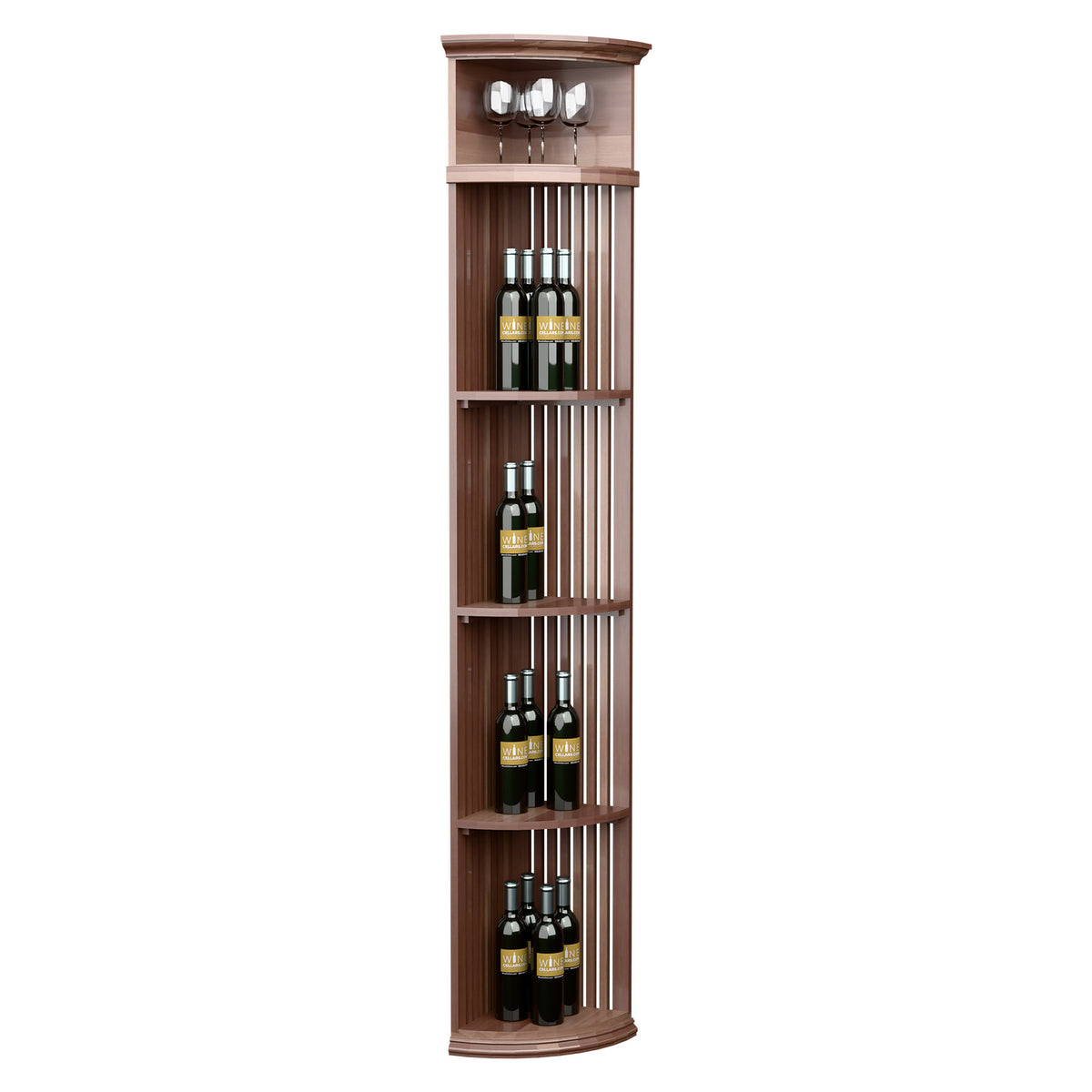 Quarter-round wine bottle shelf with lattice dividers and round base in medium-dark wood