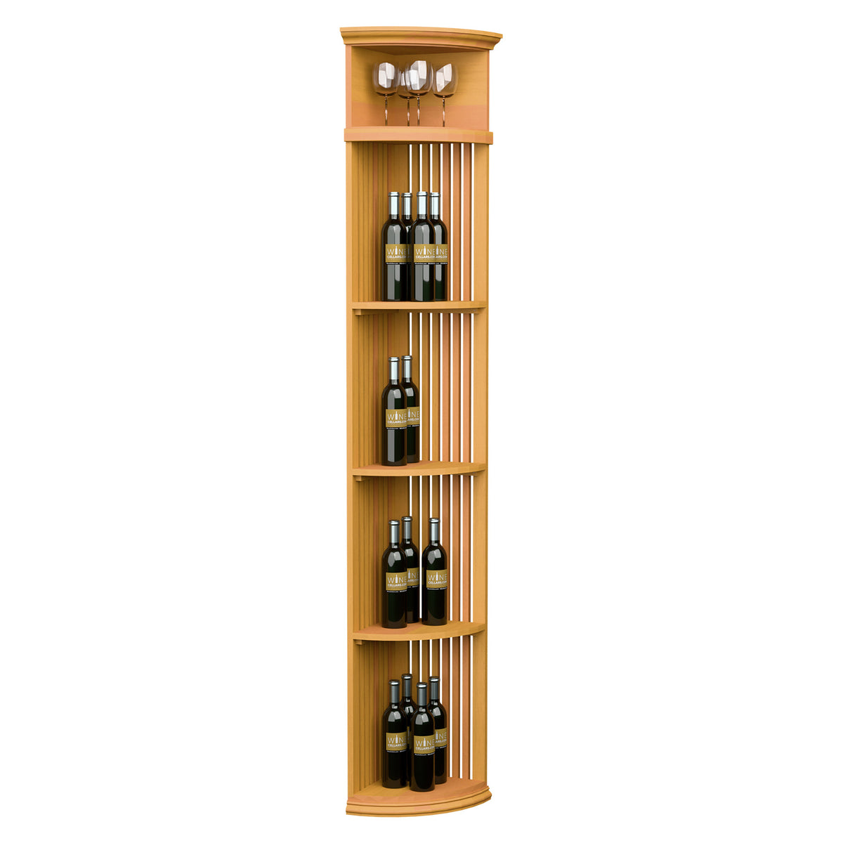 Quarter-round wine bottle display shelf with lattice slats and round base in honey wood