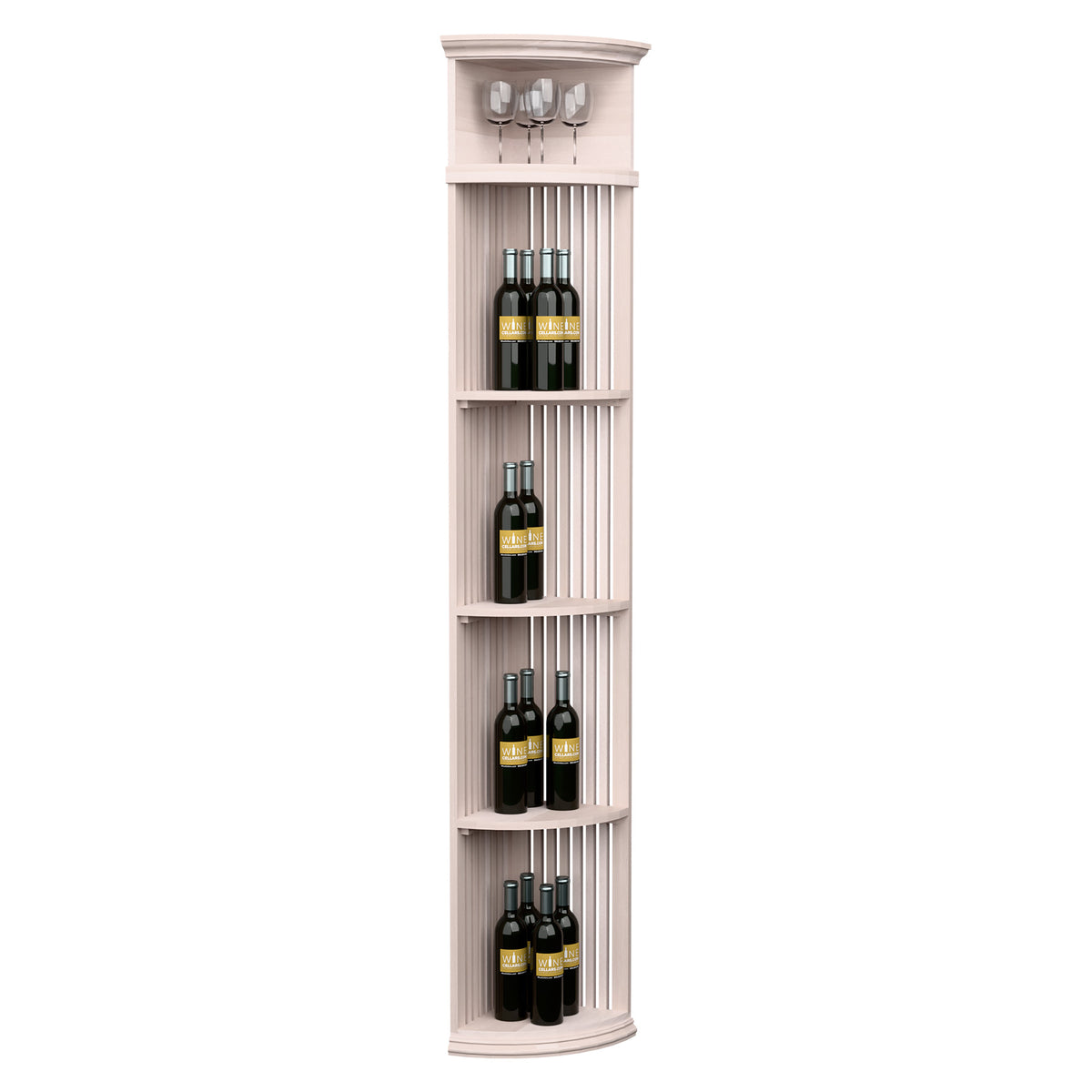Quarter-round wine bottle display shelf with lattice slats and round base in white finish