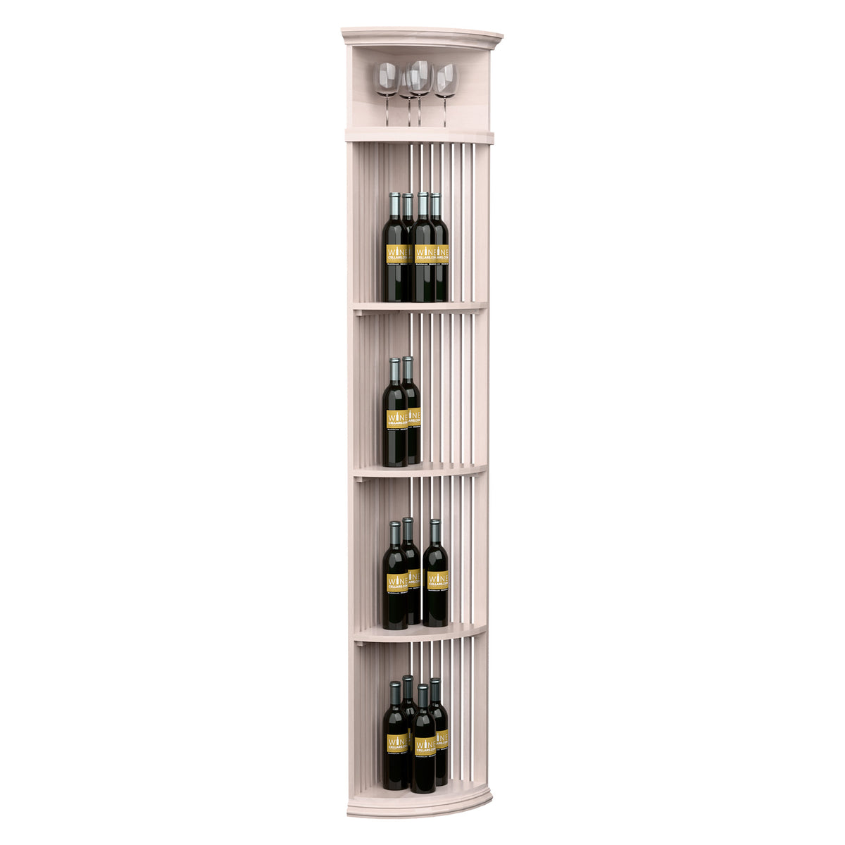 Quarter-round wine bottle shelf with lattice dividers and round base in white wash finish