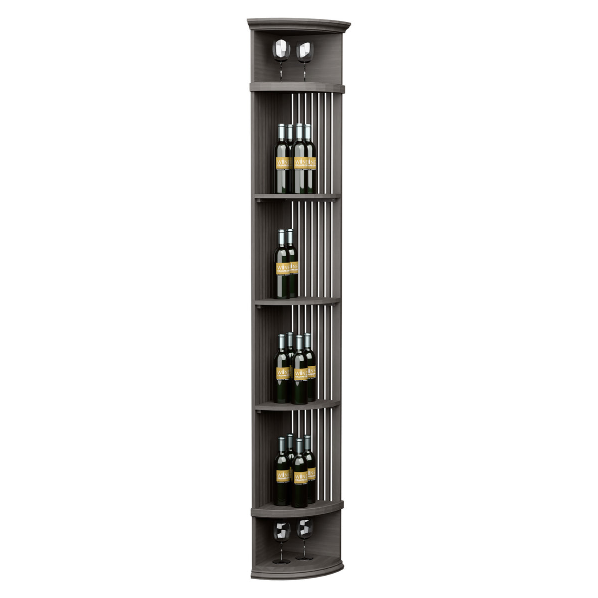 Dark lattice wine shelf with round base, bottle slots and two top light holders