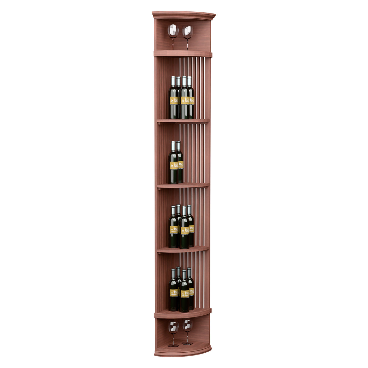 Red-brown lattice wine shelf with round base, bottle slots and two top lights