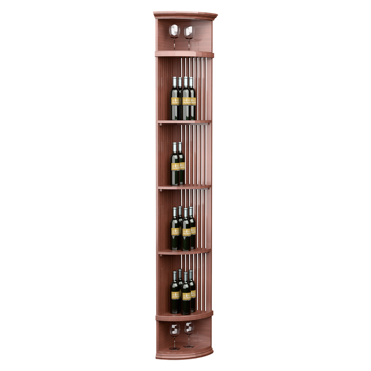 Red-brown lattice wine shelf with round base, wine bottle display slots and lights