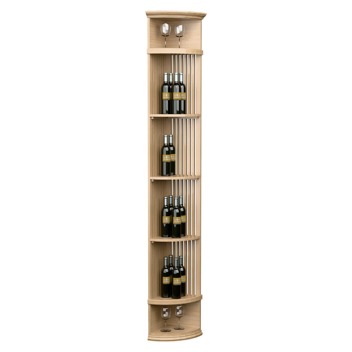 Natural wood lattice wine shelf with round base, bottle slots and two top lights