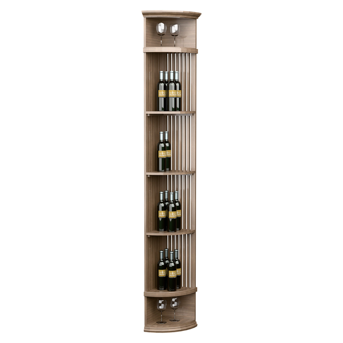 Cream-toned lattice wine shelf with round base, bottle slots and two top lights