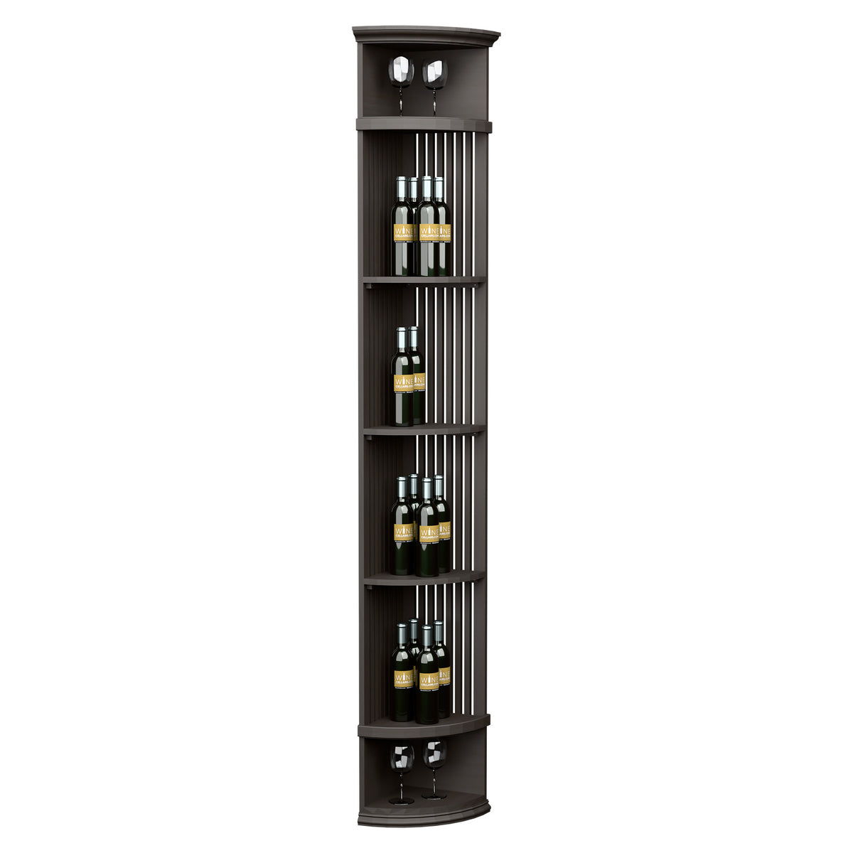 Dark gray lattice wine shelf with round base, bottle slots and two top lights