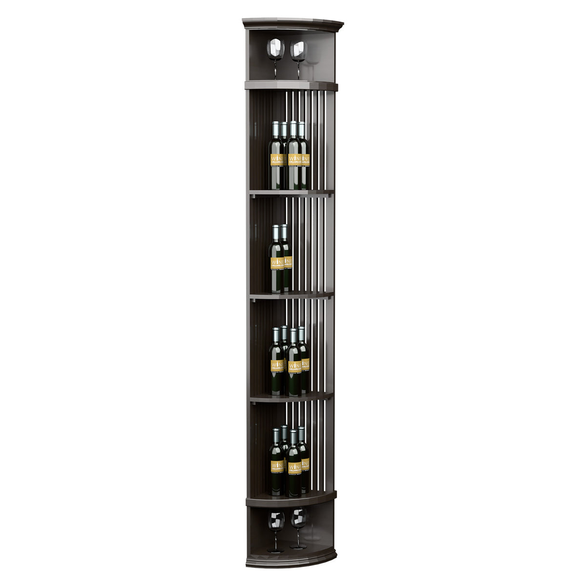 Charcoal lattice wine shelf with round base, bottle slots and two top lights