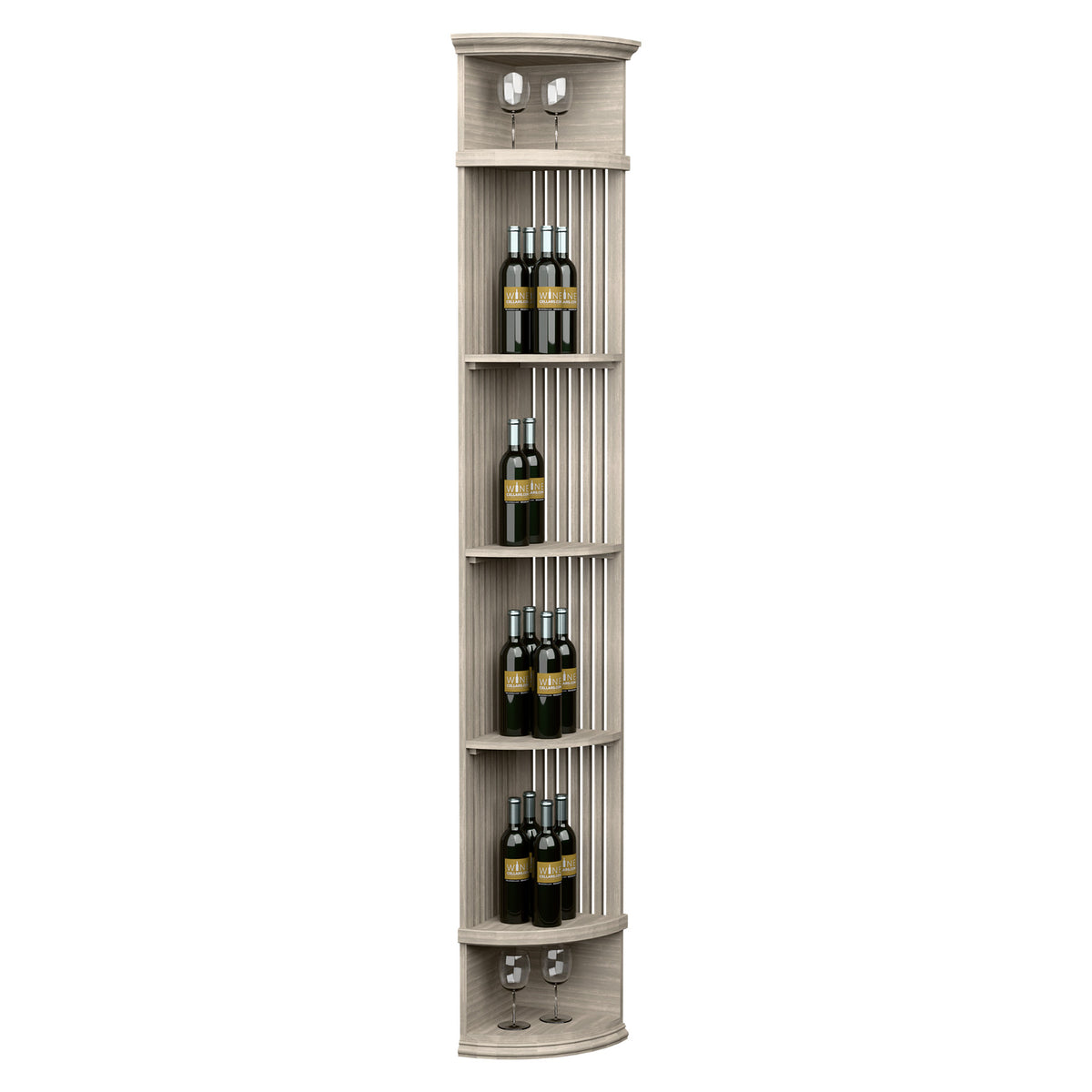 Light gray lattice quarter-round wine shelf with round base and bottle storage racks