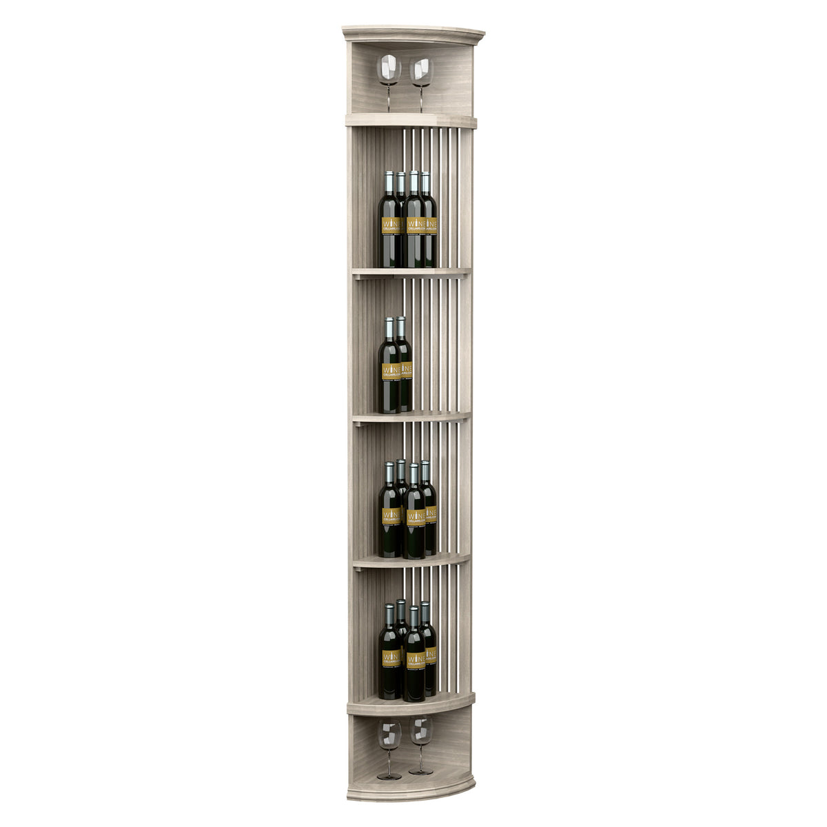 Light gray lattice quarter-round wine shelf with round base, glass holders and bottle racks