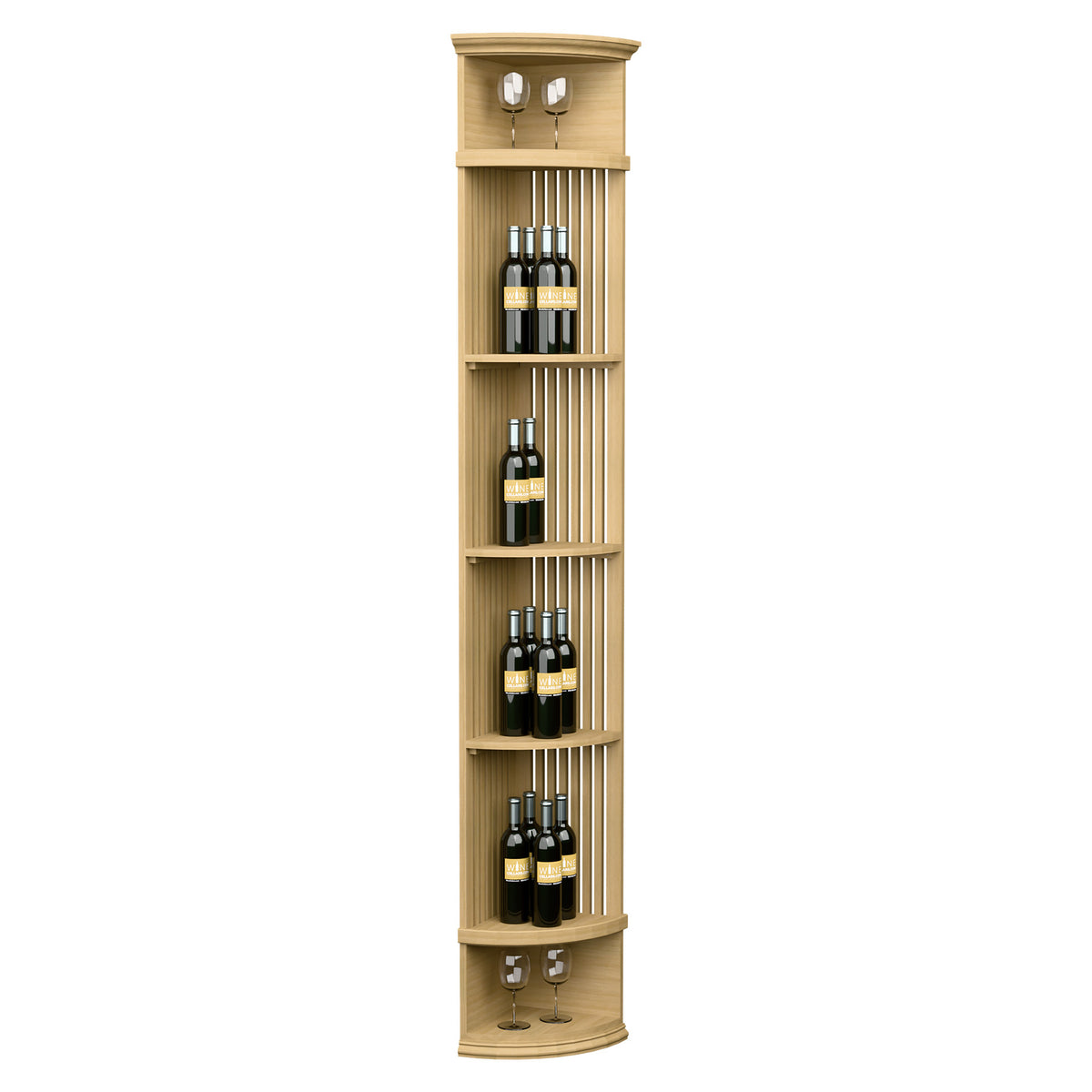 Natural wood lattice quarter-round wine shelf with round base and bottle storage racks
