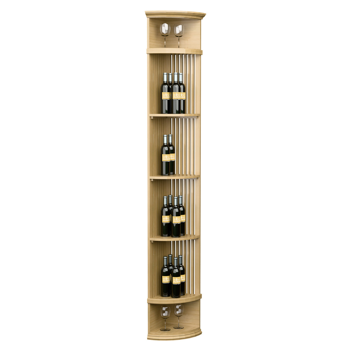 Light natural wood lattice quarter-round wine shelf with round base and bottle display racks