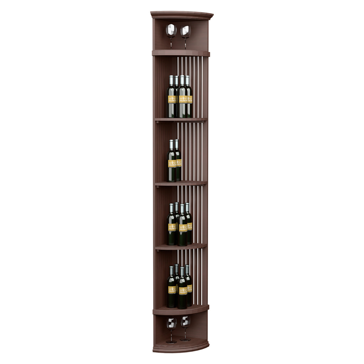 Dark brown lattice quarter-round wine shelf with round base and bottle storage racks