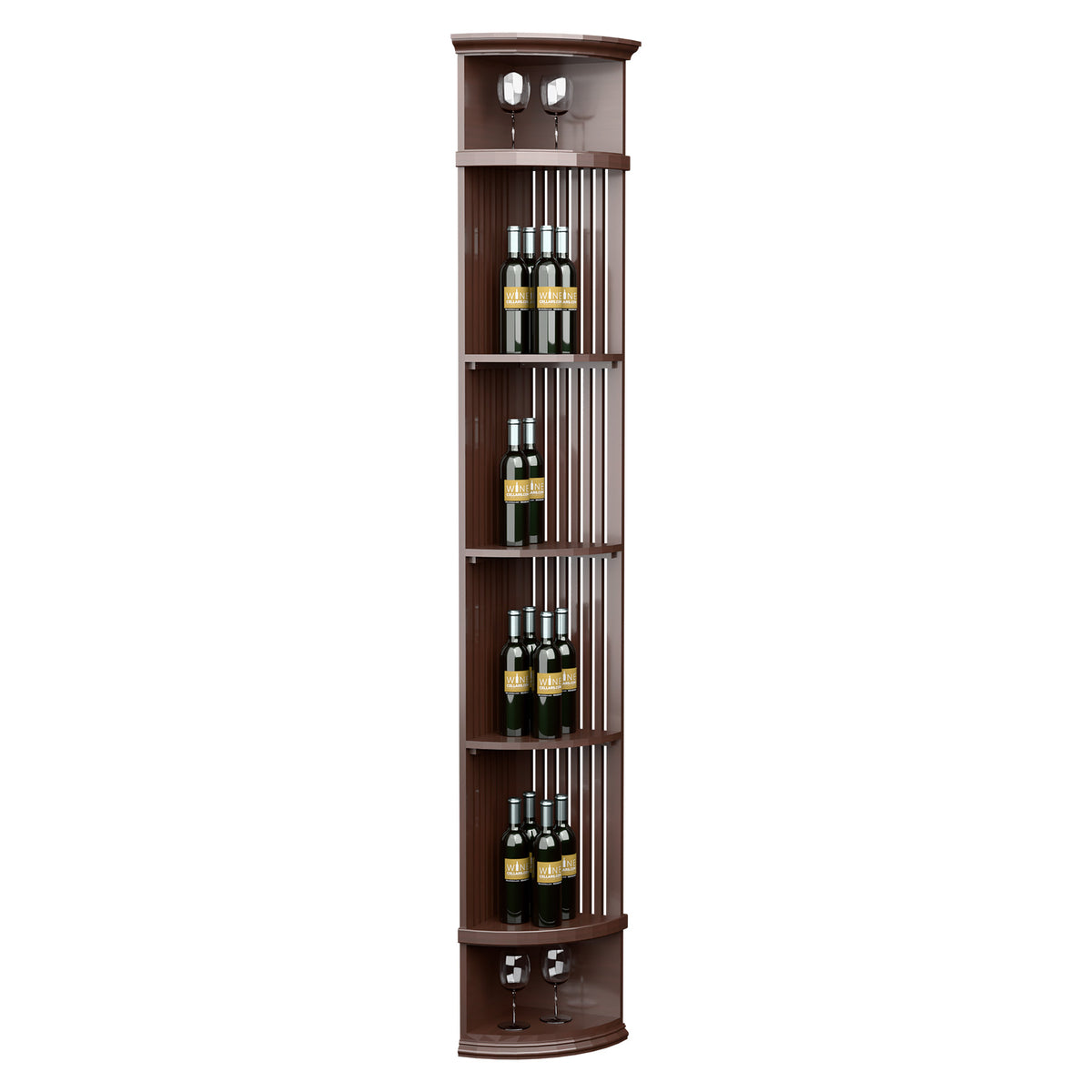 Dark brown lattice quarter-round wine shelf with round base, glass holders and bottle racks