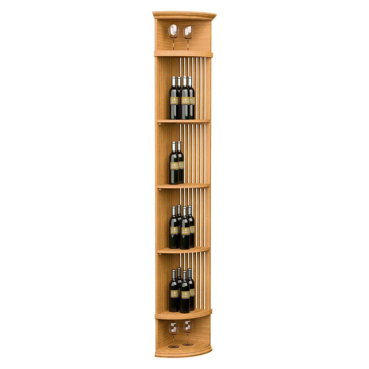 Honey wood lattice quarter-round wine shelf with round base and bottle storage racks