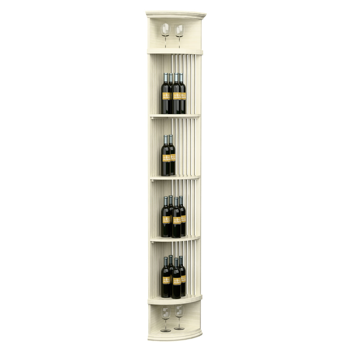 Cream lattice quarter-round wine shelf with round base and bottle display racks