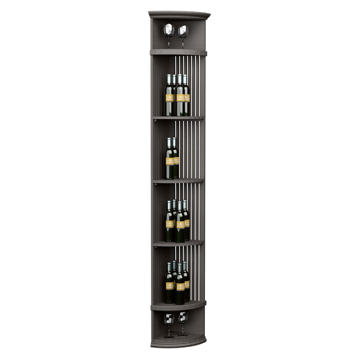 Wine bottle display shelf with lattice panels, quarter-round shape, dark finish, round base