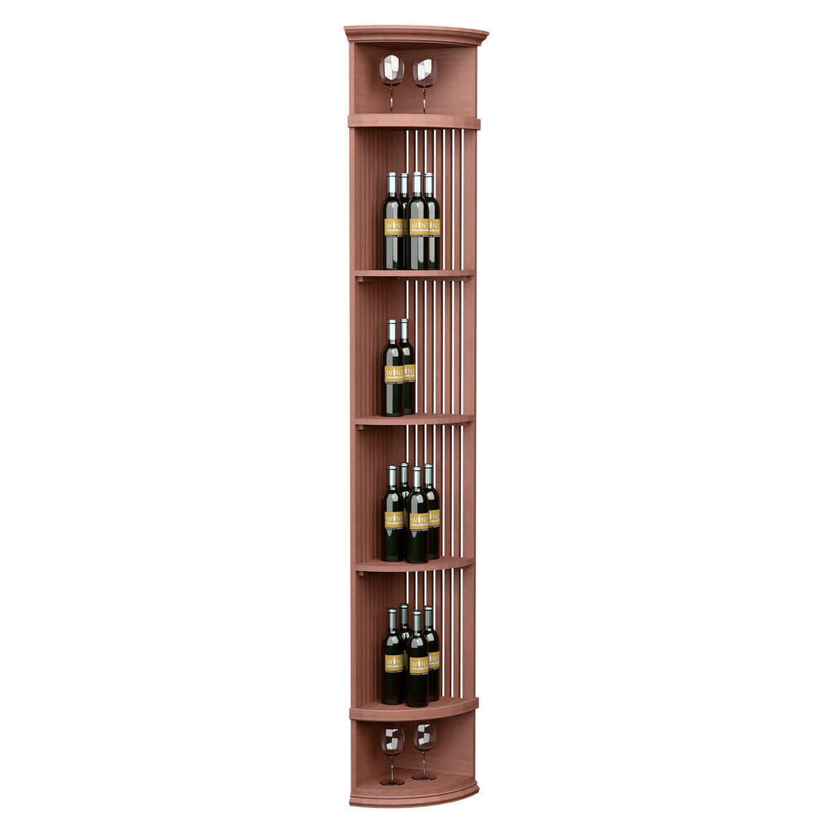 Wine bottle display shelf with lattice panels, reddish-brown finish, top lights, round base
