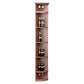 Wine rack with lattice bottle slots, reddish-brown finish, curved top with two lights, round base
