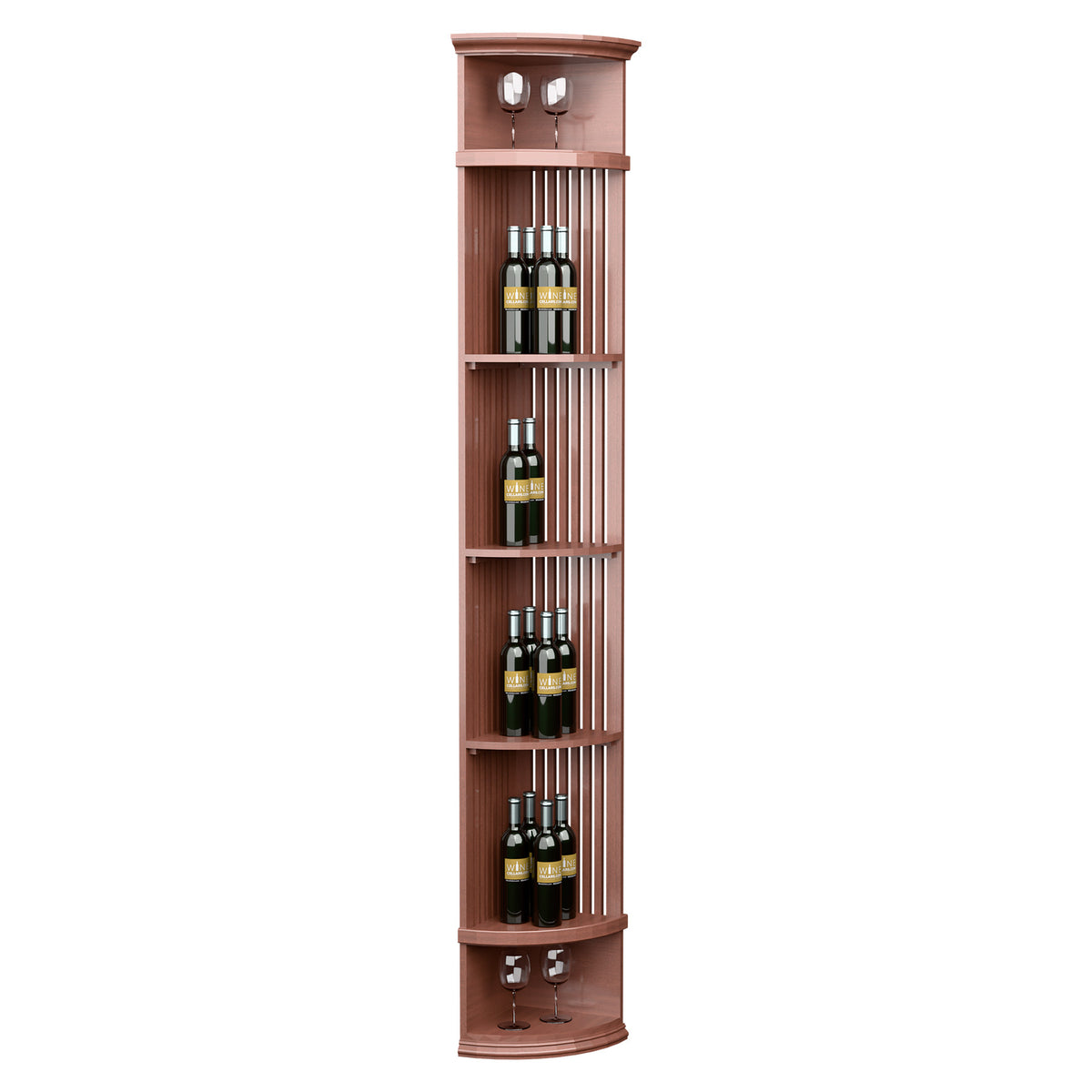 Wine rack with lattice bottle slots, reddish-brown finish, curved top with two lights, round base