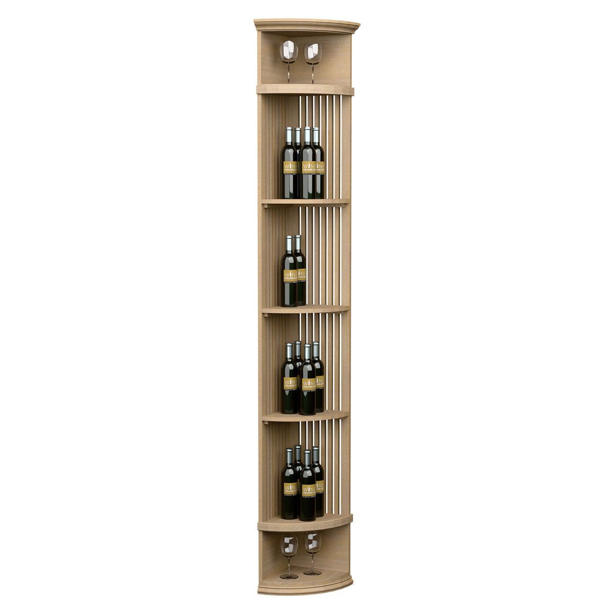 Wine bottle display shelf with lattice panels, light wood finish, top lights, round base