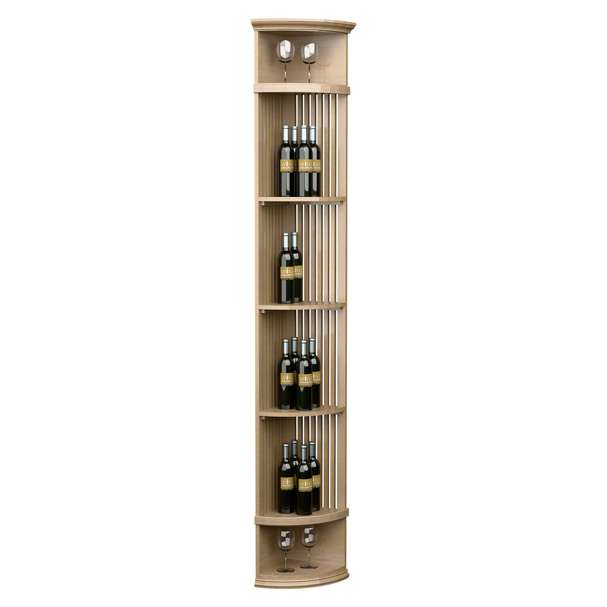 Wine rack with lattice bottle slots, pale wood finish, curved top with two lights, round base