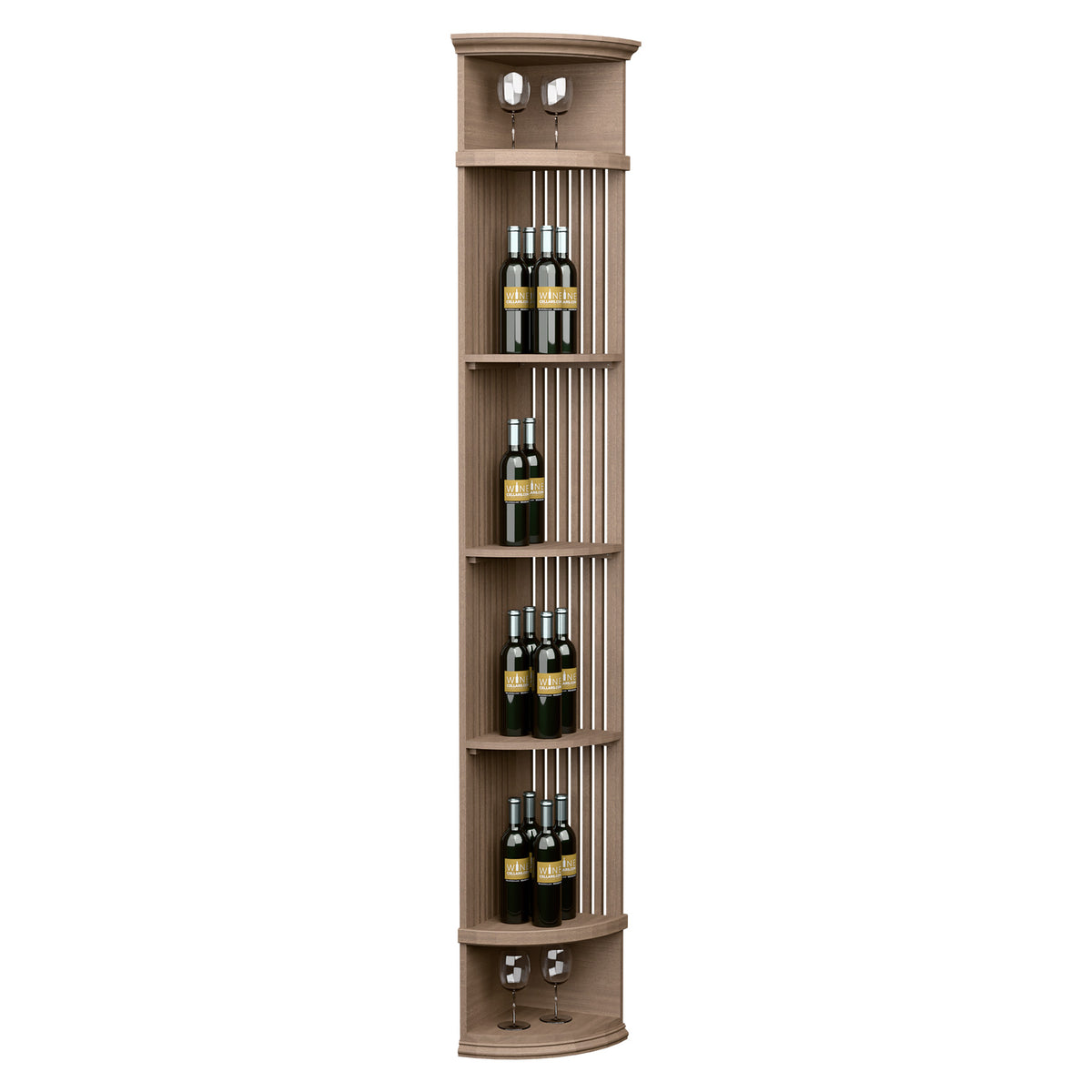 Wine bottle display shelf with lattice panels, warm light finish, top lights, round base