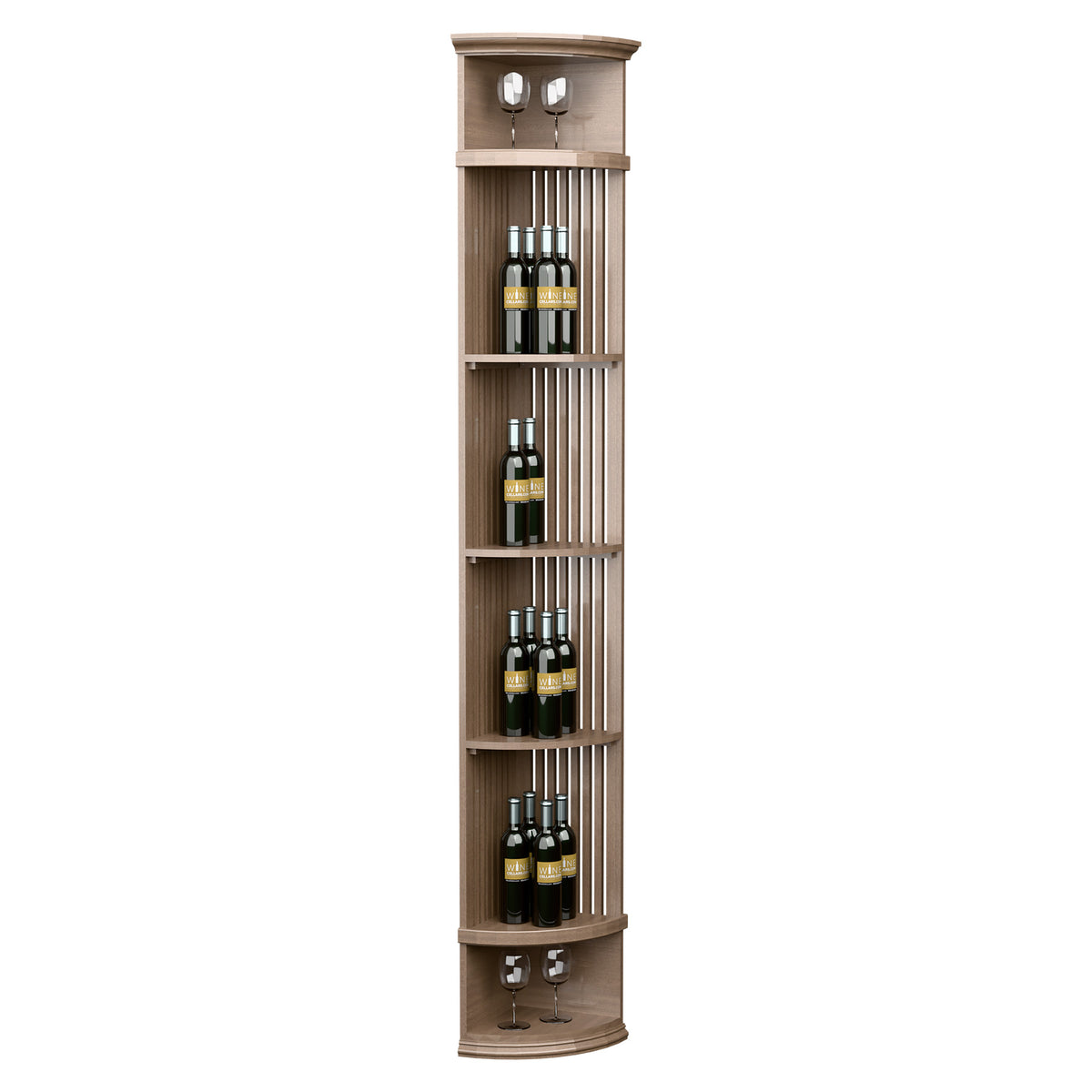 Wine rack with lattice bottle slots, beige wood finish, curved top lights, round base