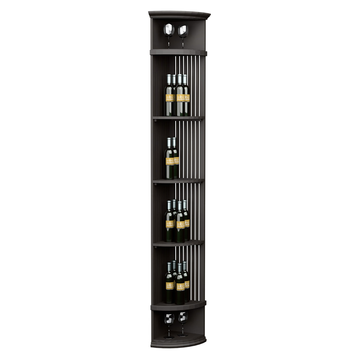 Wine bottle display shelf with lattice panels, dark finish, top lights, round base